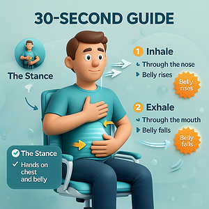 30-วินาทีคำแนะนำสำหรับผู้ชาย การหายใจเข้า-ออกผ่านจมูกและปฏิบัติตามท่าทางมือบนหน้าอกและพุงเพื่อเพิ่มพลังและความสมดุลในร่างกาย.