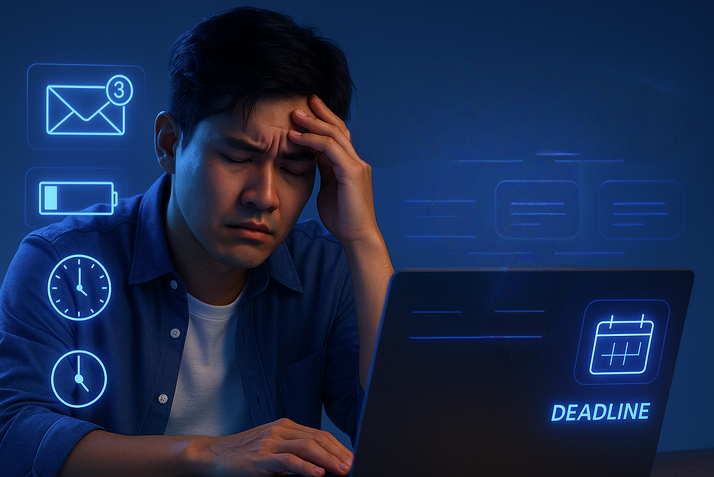 เครียดจากงานและเดดไลน์ ทำให้ผู้ชายหน้าตึงเครียด เจ็บปวดหัวในช่วงเวลาเร่งด่วน โหลดภาพแทนความรู้สึกนั้นในภาพประกอบนี้.
