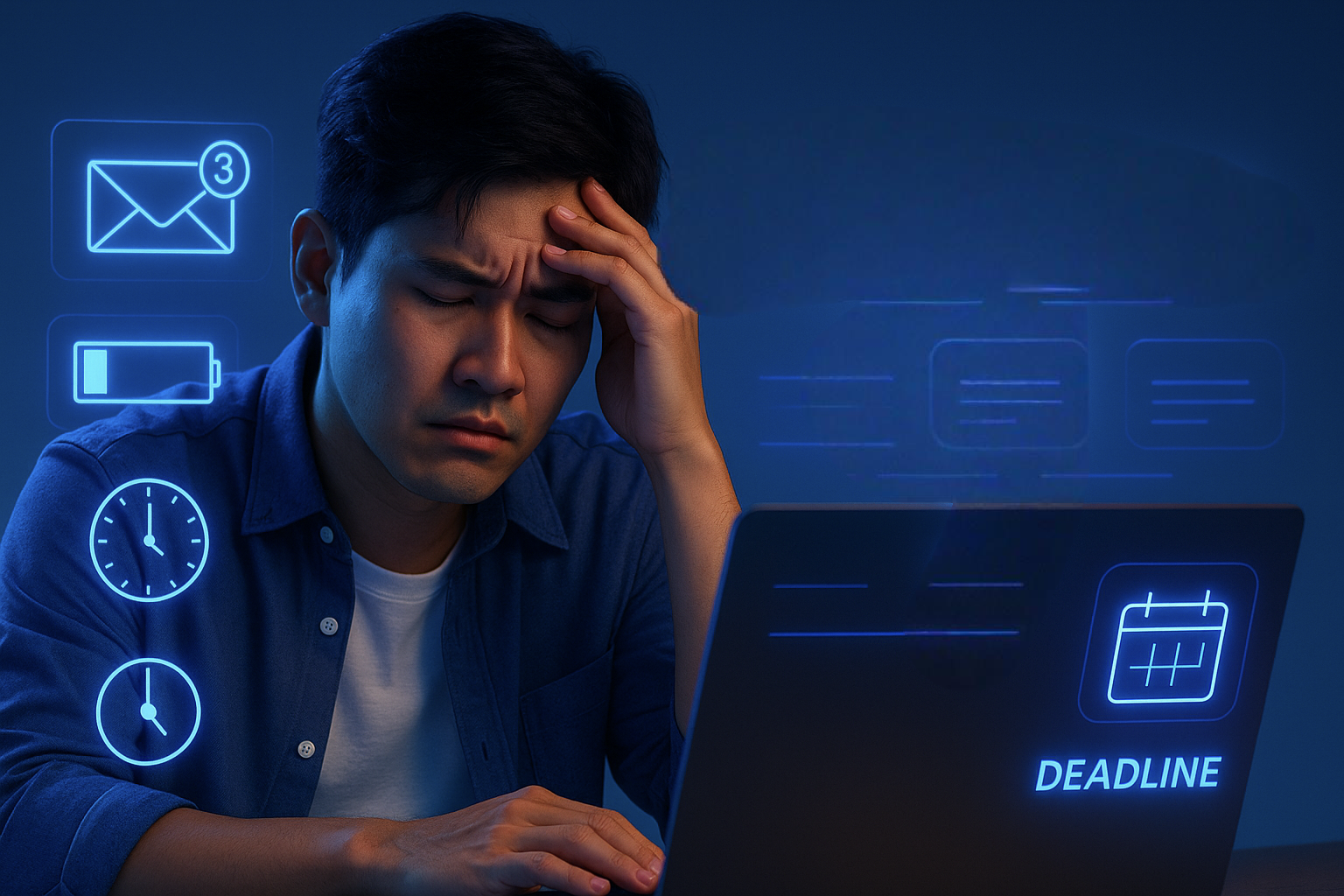 เครียดจากงานและเดดไลน์ ทำให้ผู้ชายหน้าตึงเครียด เจ็บปวดหัวในช่วงเวลาเร่งด่วน โหลดภาพแทนความรู้สึกนั้นในภาพประกอบนี้.