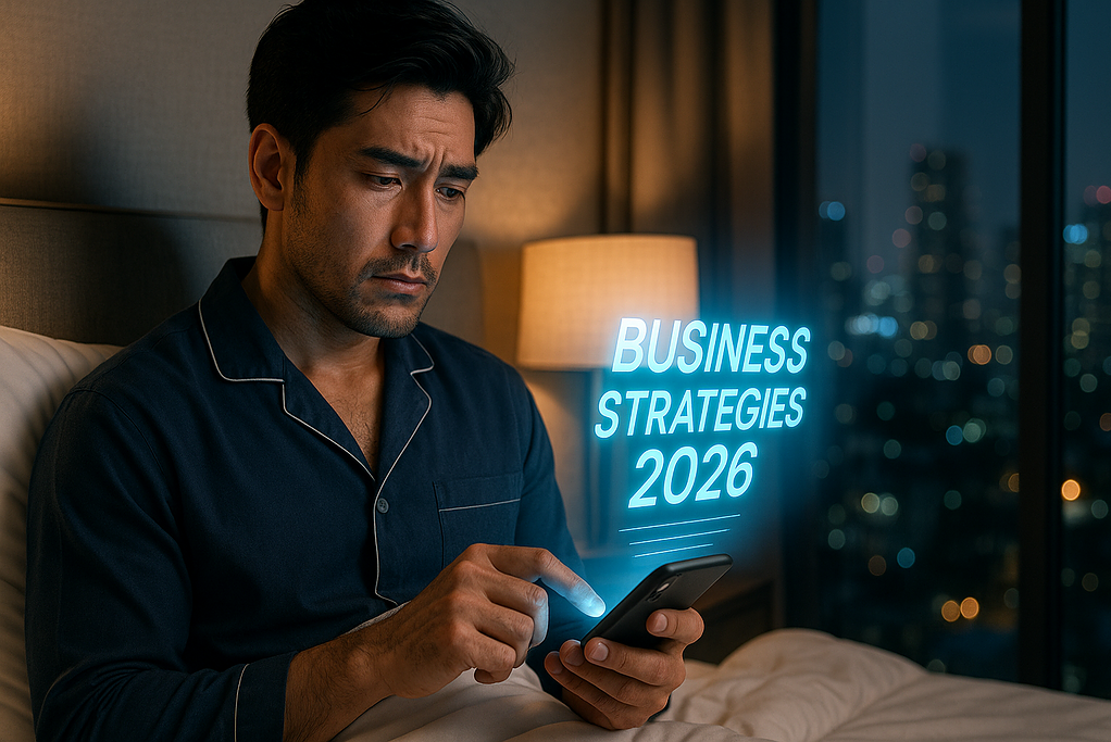 กลุ่มผู้ชายใส่เสื้อเชิ้ตนอนพักผ่อนในห้องพักโรงแรมมองโทรศัพท์มือถือพร้อมข้อความ "กลยุทธ์ธุรกิจ 2026" เป็นภาพที่แสดงความเชี่ยวชาญด้านกลยุทธ์ธุรกิจและความพร้อมสำหรับอนาคต คำอธิบายแสดงถึงความมุ่งมั่นในด้านธุรกิจและการวางแผนระยะยาวสำหรับผู้ชายยุคใหม่ในบริบทของการพัฒนาธุรกิจและการเติบโตในอนาคต.