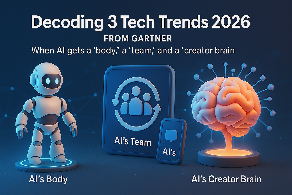 เทคโนโลยี AI และสมองเทียมในอนาคต, นวัตกรรม AI 2026, แสดงหุ่นยนต์และสมองเทียม, เคล็ดลับเทรนด์เทคโนโลยี AI ล่าสุดจาก Gartner, ภาพแสดงหุ่นยนต์ AI, สมองกลและกลุ่ม AI ในยุคดิจิตอล.