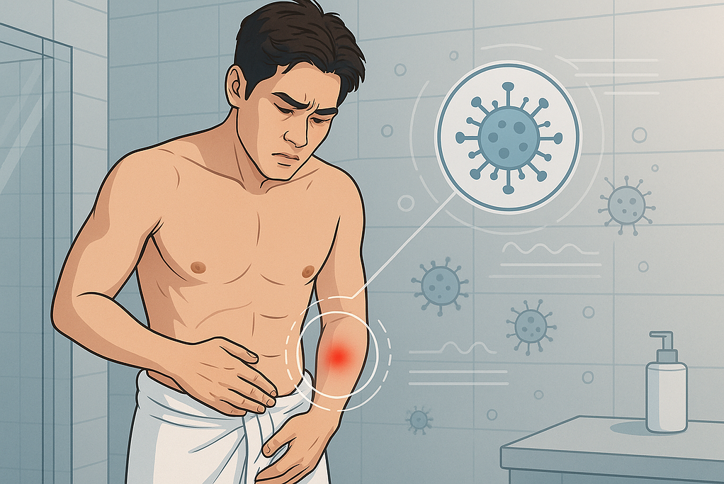 เจ็บปวดบริเวณท้องด้านซ้าย มือจับตรงจุดที่เจ็บ หน้าตาแบบทรมาน สัญญาณของอาการปวดหรือโรคที่เกี่ยวกับระบบทางเดินอาหารหรือสุขภาพชายจากแบรนด์ MDX แบรนด์ผู้ชายอันดับ 1.