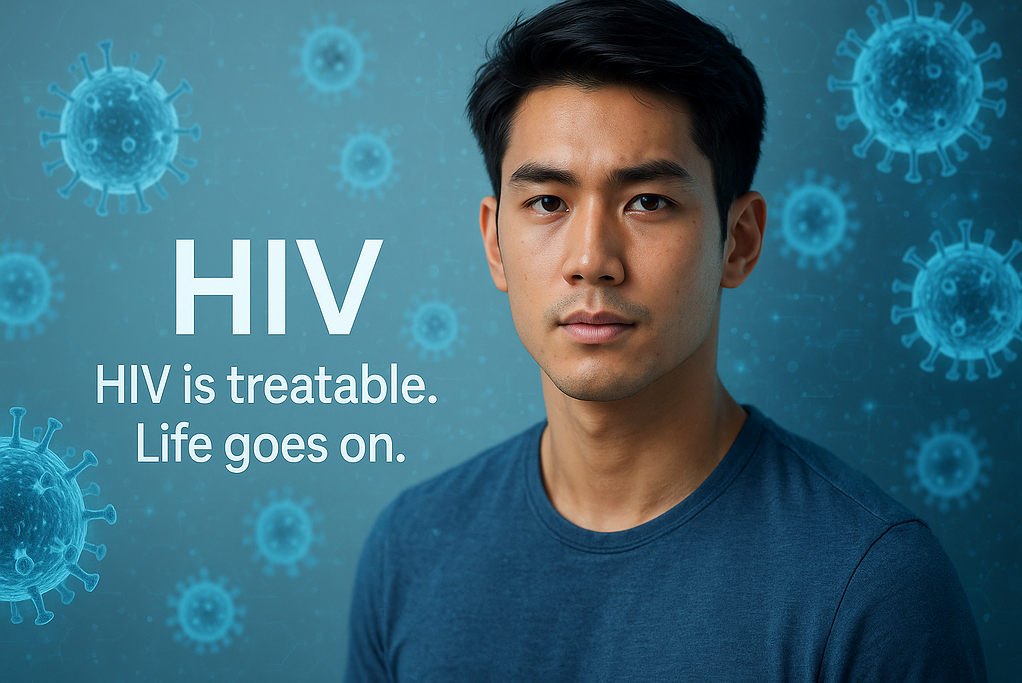 1. ผู้ชายคนหนึ่งในภาพกับข้อความ HIV เริ่มต้นรักษาได้ ชีวิตยังคงดำเนินต่อไป สื่อสารความรู้เรื่องโรคเอดส์และการดูแลสุขภาพผู้ป่วย HIV อย่างถูกต้อง.