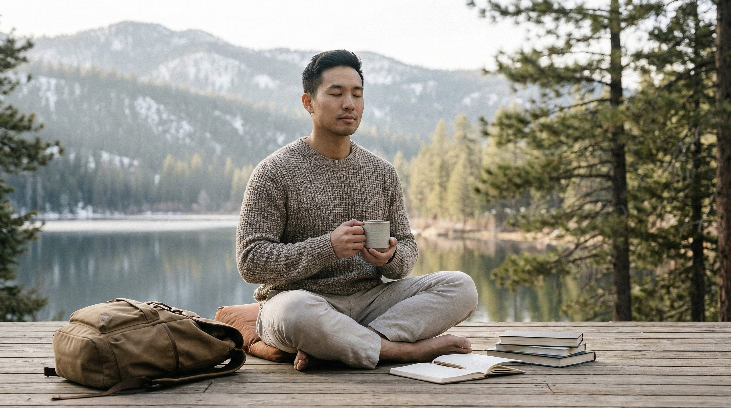 1. ชายหนุ่มนั่งสมาธิและจิบกาแฟบนชานไม้กลางธรรมชาติ สะท้อนความสงบสุขและความผ่อนคลายของแบรนด์ MDX สำหรับผู้ชายอันดับ 1.