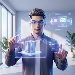 ผู้ชายเทคโนโลยีสูง สวมแว่นตา augmented reality ควบคุมการสื่อสารและอาคารดิจิทัลในโลกเสมือนจริง เพื่อสุขภาพผู้ชายและสไตล์โมเดิร์นจาก MDX แบรนด์ผู้ชายอันดับ 1.