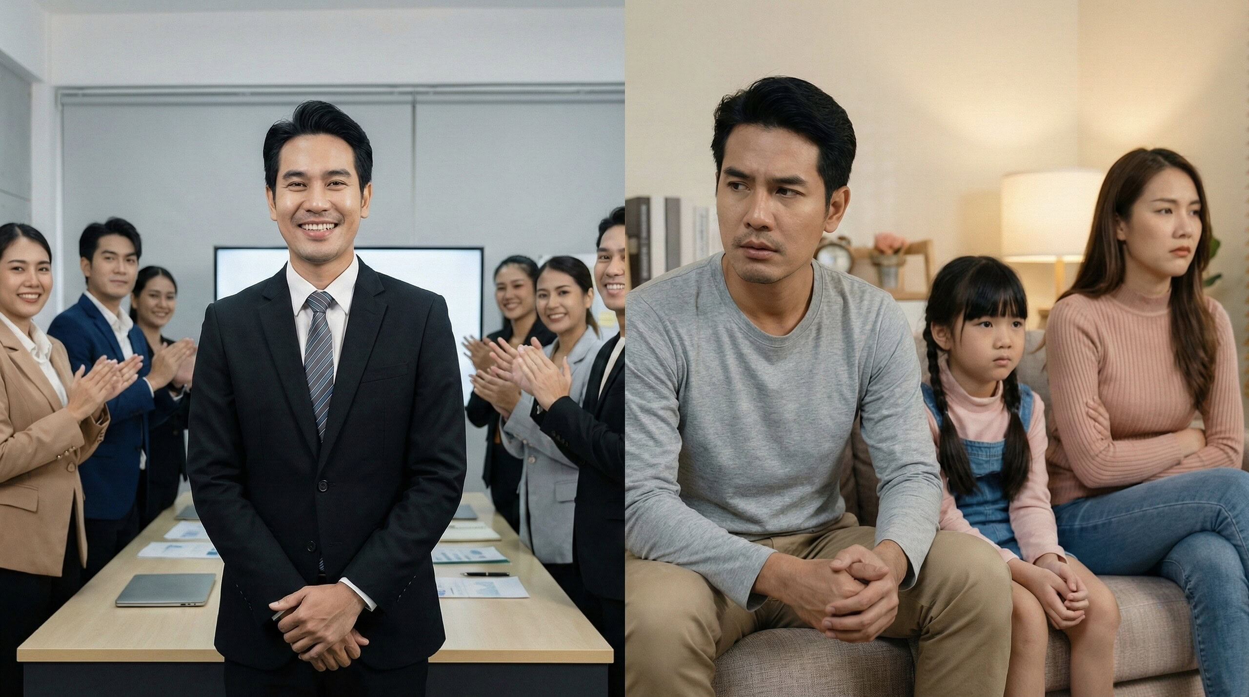 ชายหนุ่มเท่ห์ในชุดทำงาน พร้อมกับบรรยากาศของความสำเร็จและครอบครัวที่เต็มไปด้วยความหวังและความสุขในบ้านและที่ทำงาน.