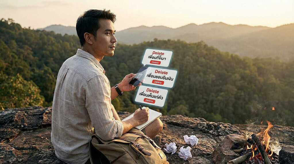 อาเทคข้อความลบบนมือถือของผู้ชายอยู่ในธรรมชาติ แสดงถึงการลบข้อความเกี่ยวกับเพื่อนและความสัมพันธ์ เน้นความเป็นแบรนด์ผู้ชายอันดับ 1 ของ MDX สำหรับดูแลตัวเองและความมั่นใจ.