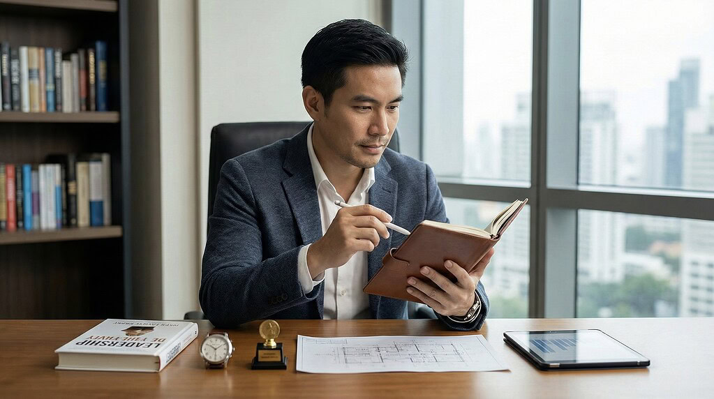 ชายหนุ่มทำงานในอาคารสำนักงาน จับไอเดียใหม่ๆ ด้วยผลิตภัณฑ์ MDX ผู้ชายอันดับ 1, เหมาะสำหรับความเป็นผู้นำและดูแลตัวเองในทุกโอกาส.