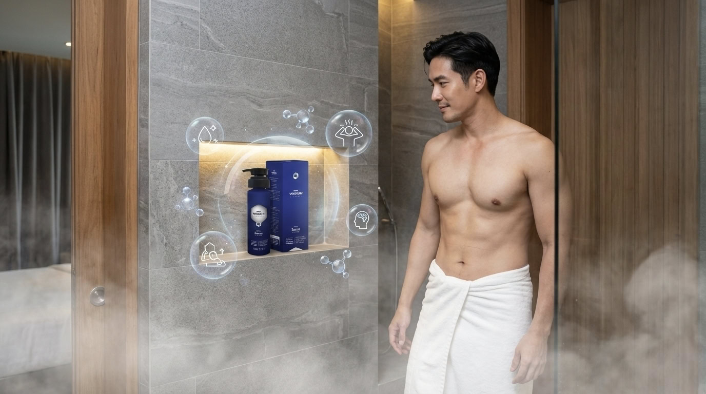 กล่องและขวดผลิตภัณฑ์บำรุงผิวผู้ชาย MDX บนชั้นภายในห้องอาบน้ำสำหรับผู้ชายอันดับ 1 ของไทย.