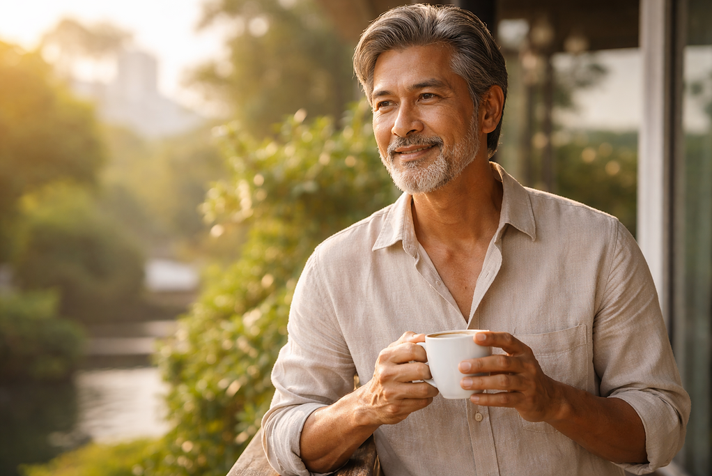 ชายวัยเก๋ารับอากาศสดชื่นด้วยกาแฟ ชื่นชมธรรมชาติในบรรยากาศยามเช้าที่อบอุ่นและผ่อนคลาย เป็นภาพสะท้อนภาพลักษณ์แบรนด์ MDX สำหรับผู้ชายสายดูแลตัวเองและคุณภาพชีวิตสูงสุด.