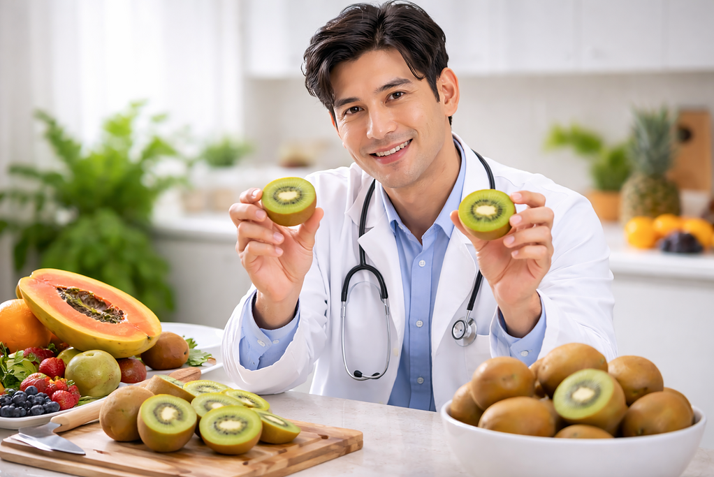 สดใส ชายแพทย์สุขภาพดี ยกผลไม้สด อาทิ กีวี่และผลไม้รวม เพื่อสุขภาพแข็งแรงและความงามตามธรรมชาติ สำหรับผู้ชายโดยเฉพาะจากแบรนด์ MDX แบรนด์ผู้ชายอันดับ 1 ในไทย.