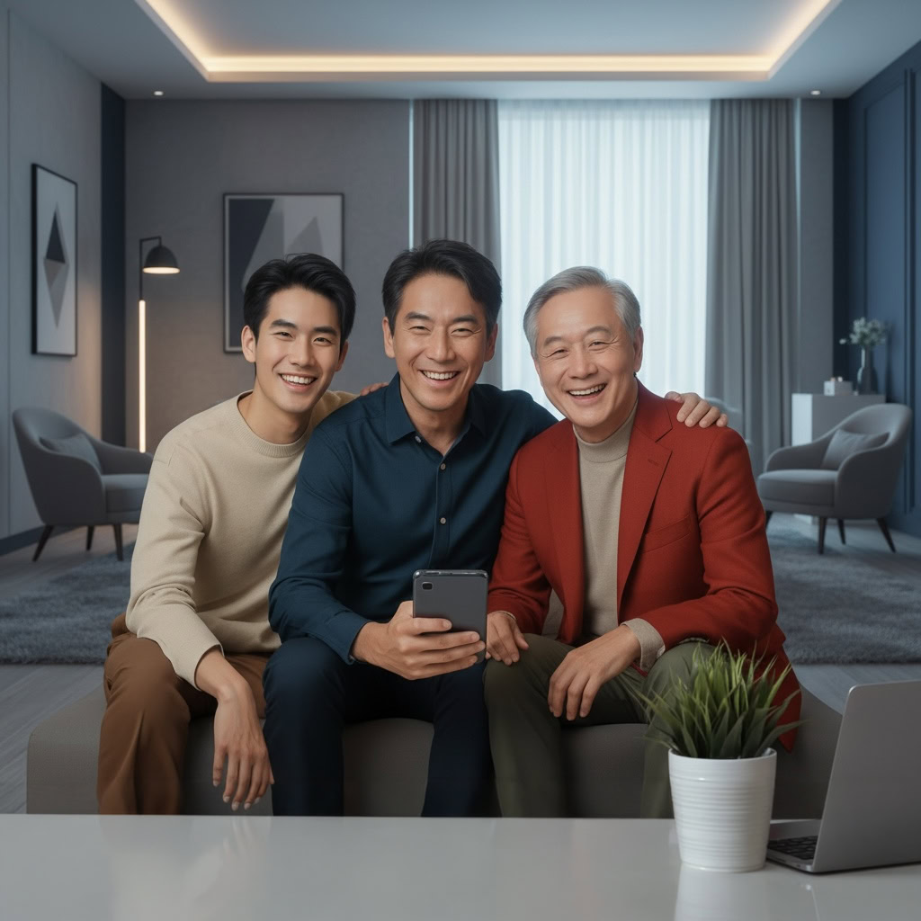 ชายหนุ่มสามคนในห้องนั่งเล่นดูแลสุขภาพและความงามด้วยผลิตภัณฑ์ MDX แบรนด์ผู้ชายอันดับ 1 สำหรับผู้ชายทุกวัย.