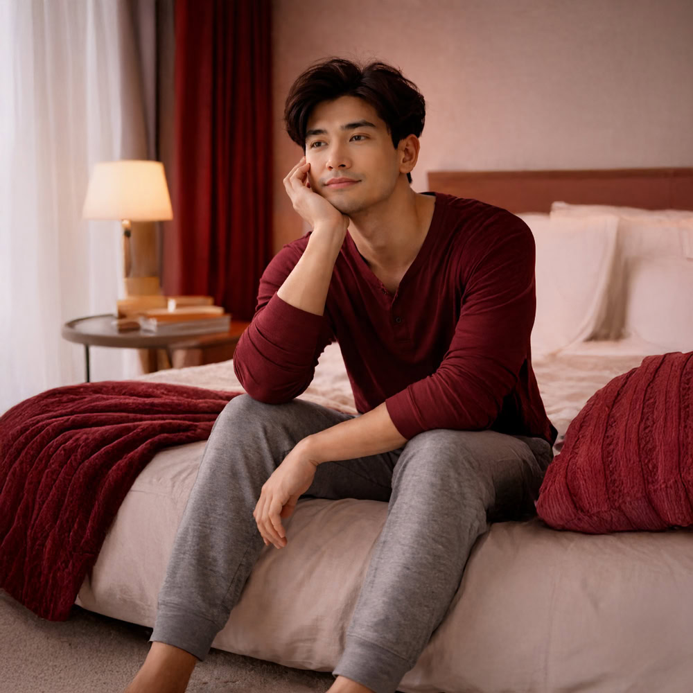 ชายหนุ่มนั่งบนเตียงในห้องนอน สวมเสื้อผ้าผู้ชาย MDX คุณภาพสูง ดีไซน์ทันสมัยและสบาย เหมาะสำหรับผู้ชายที่ใส่ใจในสไตล์และความสะดวกสบาย.