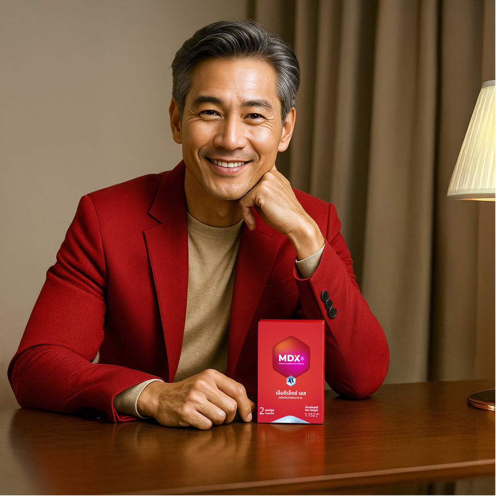 ชายหนุ่มในเสื้อโค้ทแดงถือกล่องผลิตภัณฑ์ MDX แบรนด์ผู้ชายอันดับ 1 สำหรับดูแลสุขภาพและความแข็งแรงของผู้ชาย.