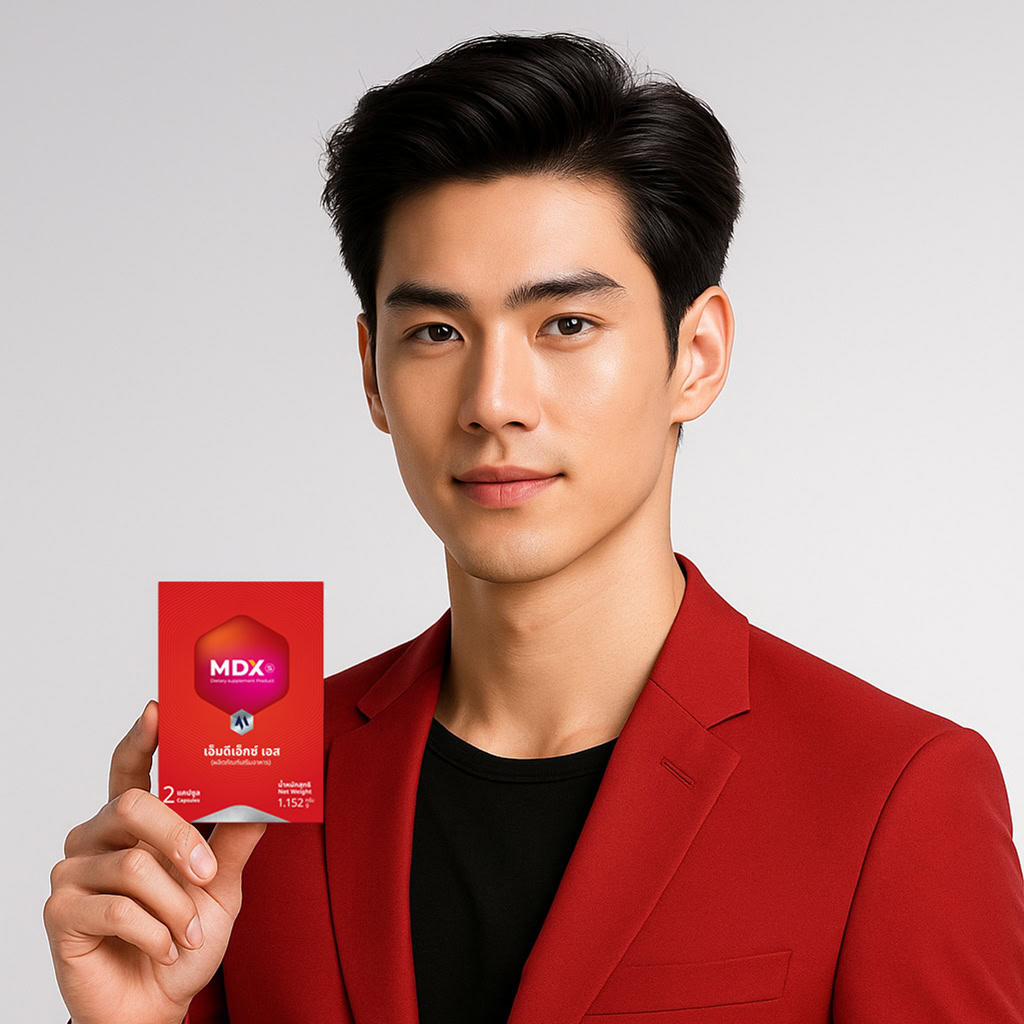 ชายหนุ่มถือบัตร MDX แบรนด์ผู้ชายอันดับ 1 เน้นความเป็นผู้นำและความมั่นใจในคุณภาพผลิตภัณฑ์สำหรับผู้ชาย.