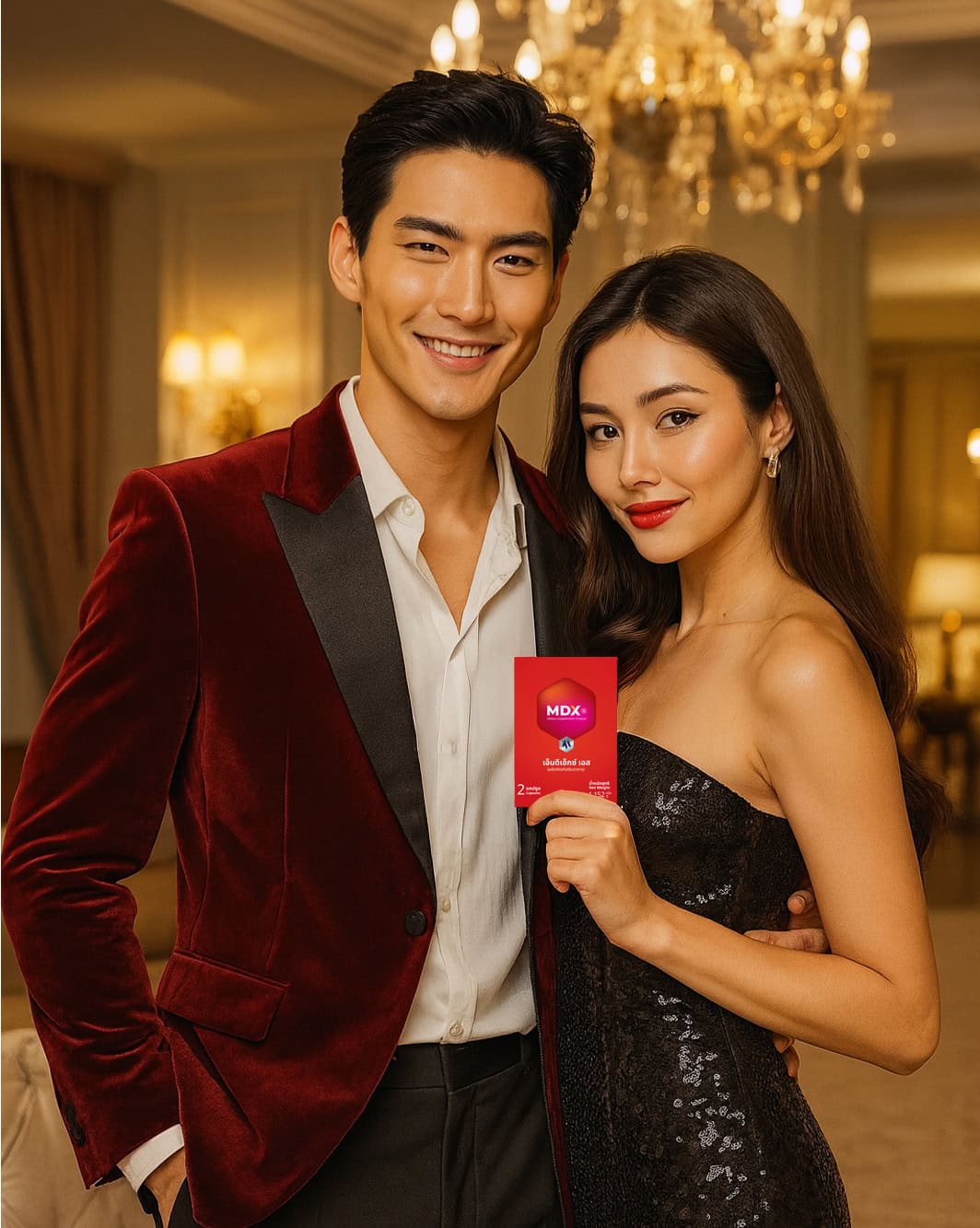 ชายหญิงแต่งตัวหรูหราในงานเลี้ยง พร้อมผลิตภัณฑ์ MDX สำหรับผู้ชายอันดับ 1 ในไทย.